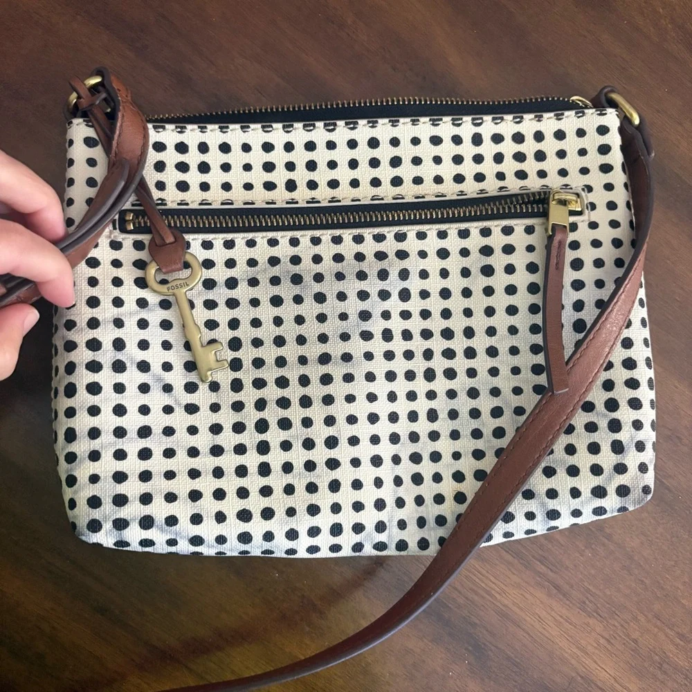 Fossil White and Black Dot Crossbody Bag purse Womens